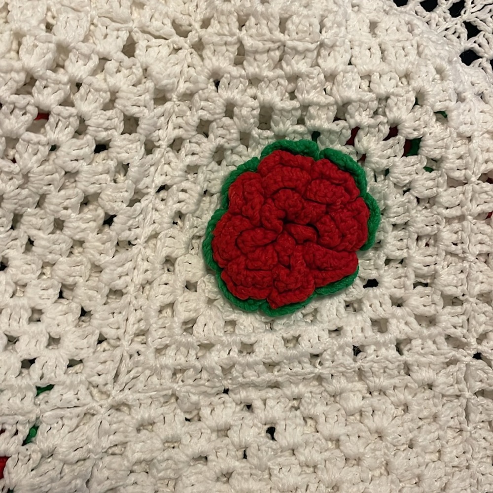 Bohemian King Size Granny Square Crochet Blanket with Red Rose Flower Accents - Picture 4 of 6